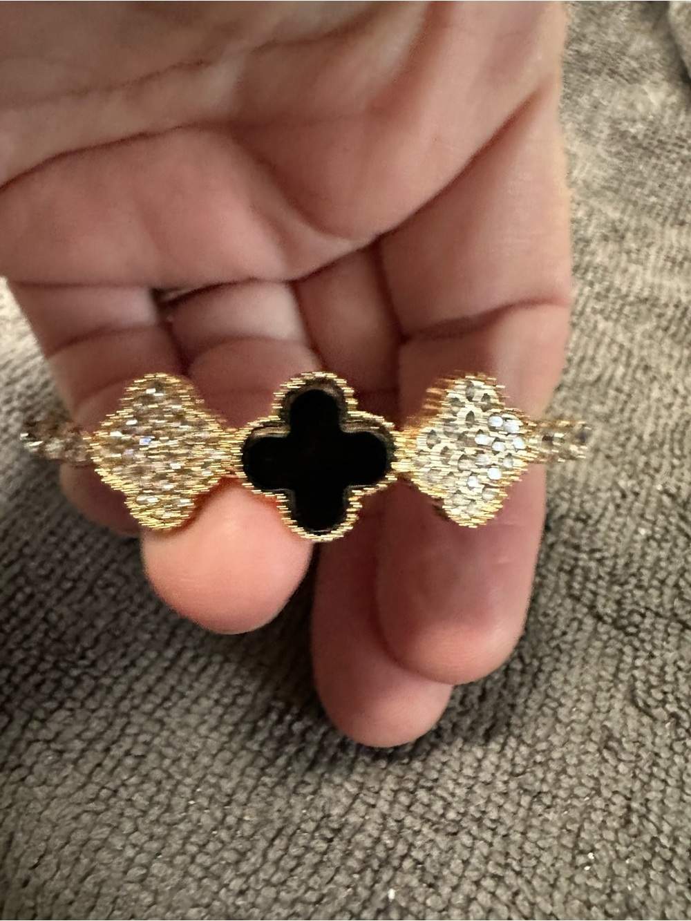 Gold-Tone Bracelet with Black Clover Center and Crystal Accents